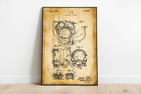 Vintage Wall Art | Diving Suit Patent Print, Framed Art Print, 20×28 inches Vintage Wall Art Vintage Wall Art