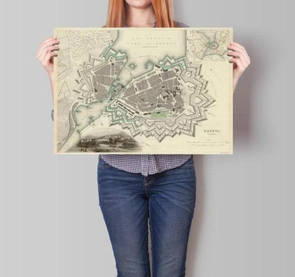 Vintage Wall Art | Geneva City Map Wall Print, Framed Map Wall Decor, 16×22 inches Vintage Wall Art Vintage Wall Art