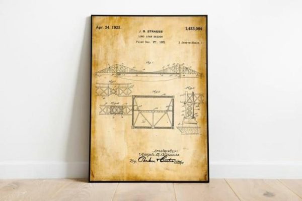 Vintage Wall Art | Golden Gate Bridge Patent Print, Framed Art Print, 28×40 inches Vintage Wall Art Vintage Wall Art