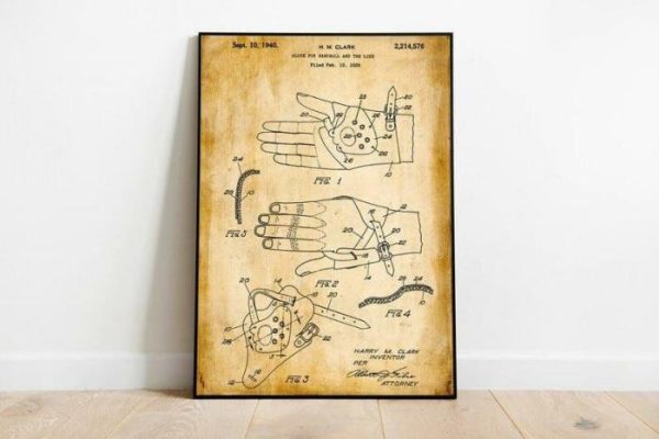 Vintage Wall Art | Handball Glove Patent Print, Framed Art Print, 24×32 inches Vintage Wall Art Vintage Wall Art