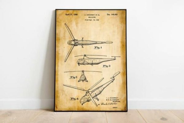 Vintage Wall Art | Helicopter Patent Print, Framed Art Print, 12×16 inches Vintage Wall Art Vintage Wall Art