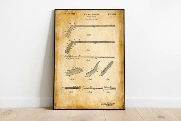 Vintage Wall Art | Hockey Stick Patent Print, Framed Art Print, 20×28 inches Vintage Wall Art Vintage Wall Art