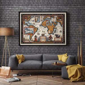 Vintage Wall Art | Map Of Famous Pirates Of 17Th And 18Th Centuries, Long Benn Avery, Jean Lafitte, Sir Henry Morgan, Blackbeard And Dixey Bull, 20×28 inches Vintage Wall Art Vintage Wall Art