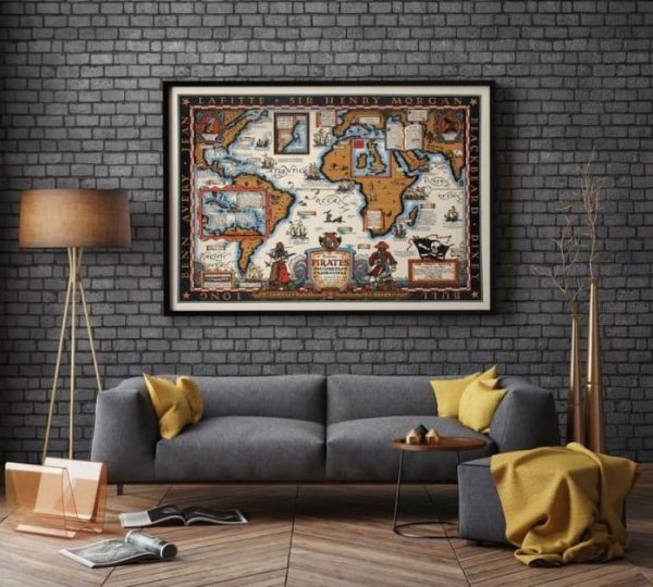 Vintage Wall Art | Map Of Famous Pirates Of 17Th And 18Th Centuries, Long Benn Avery, Jean Lafitte, Sir Henry Morgan, Blackbeard And Dixey Bull, 20×28 inches Vintage Wall Art Vintage Wall Art