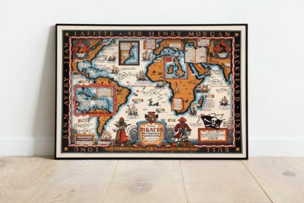 Vintage Wall Art | Map Of Famous Pirates Of 17Th And 18Th Centuries, Long Benn Avery, Jean Lafitte, Sir Henry Morgan, Blackbeard And Dixey Bull, 20×28 inches Vintage Wall Art Vintage Wall Art