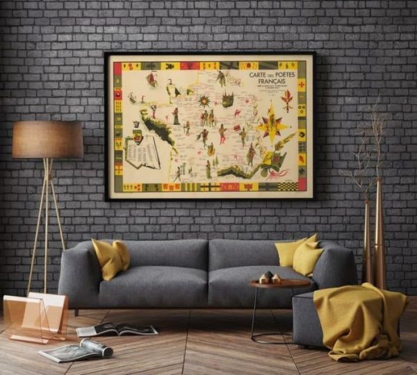 Vintage Wall Art | Map Of Poets Of France, Art History, 14×20 inches Vintage Wall Art Vintage Wall Art