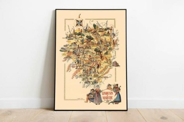 Vintage Wall Art | Map Of Region Of Limousin And Marche, France, France Wall Art, 20×28 inches Vintage Wall Art Vintage Wall Art