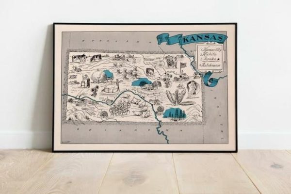 Vintage Wall Art | Map Of State Of Kansas, Framed Wall Print, 24×32 inches Vintage Wall Art Vintage Wall Art