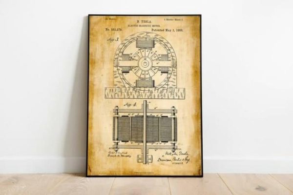 Vintage Wall Art | Nikola Tesla Patent Print, Framed Art Print, 16×22 inches Vintage Wall Art Vintage Wall Art