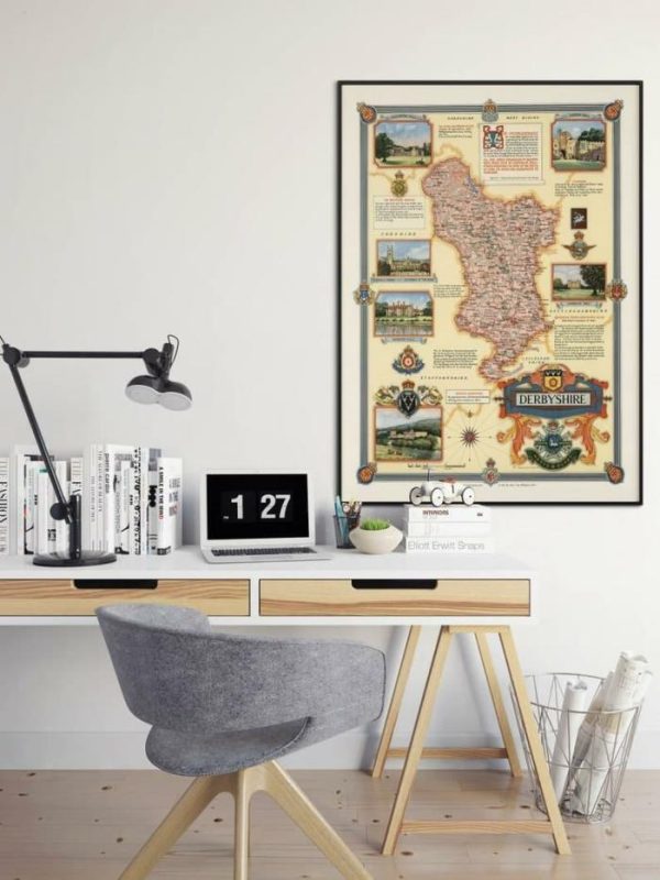 Vintage Wall Art | Pictorial Map Of Derbyshire, Framed Poster Print, 20×24 inches Vintage Wall Art Vintage Wall Art