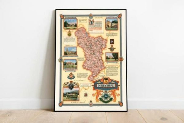 Vintage Wall Art | Pictorial Map Of Derbyshire, Framed Poster Print, 20×24 inches Vintage Wall Art Vintage Wall Art