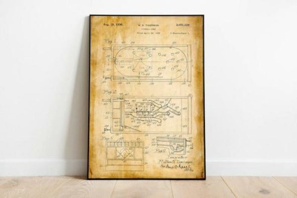 Vintage Wall Art | Pinball Patent Print, Framed Art Print, 20×28 inches Vintage Wall Art Vintage Wall Art