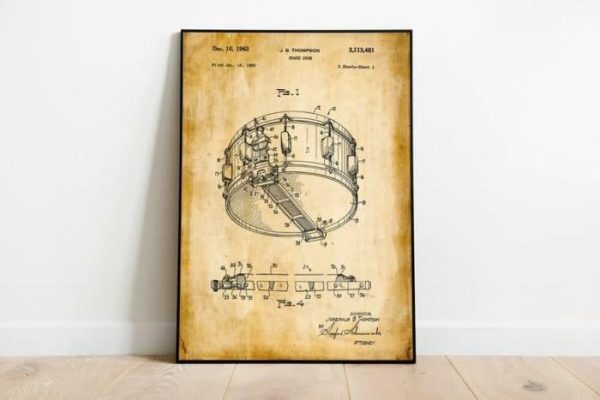 Vintage Wall Art | Snare Drum Patent Print, Framed Art Print, 16×22 inches Vintage Wall Art Vintage Wall Art