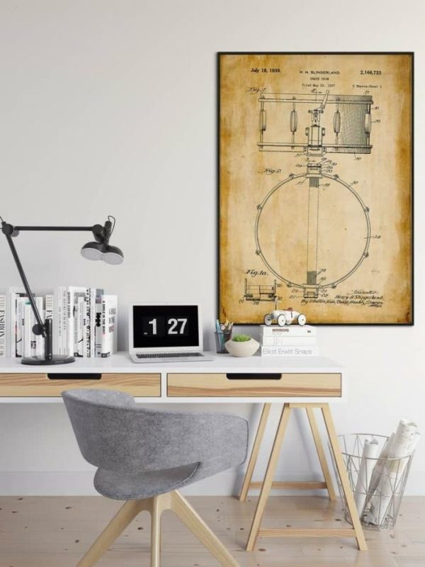 Vintage Wall Art | Snare Drum Patent Print, Framed Art Print, 20×28 inches Vintage Wall Art Vintage Wall Art