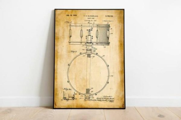 Vintage Wall Art | Snare Drum Patent Print, Framed Art Print, 20×28 inches Vintage Wall Art Vintage Wall Art