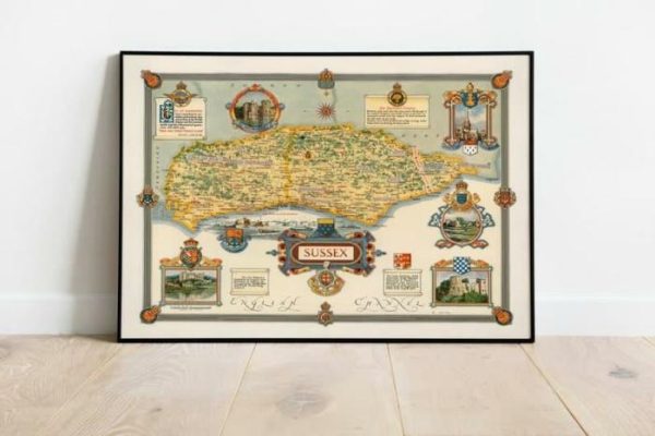 Vintage Wall Art | Sussex Vintage Map Poster, England Old Map Wall Prints, 16×20 inches Vintage Wall Art Vintage Wall Art