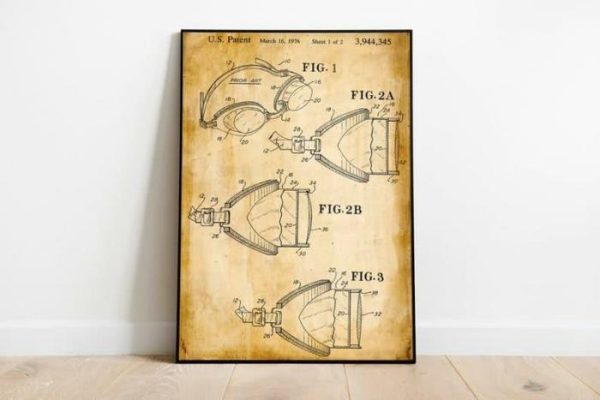 Vintage Wall Art | Swimming Goggles Patent Print, Framed Art Print, 24×32 inches Vintage Wall Art Vintage Wall Art