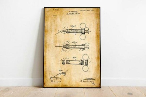 Vintage Wall Art | Syringe Patent Print, Framed Art Print, 20×28 inches Vintage Wall Art Vintage Wall Art