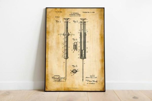 Vintage Wall Art | Syringe Patent Print, Framed Art Print, 24×32 inches Vintage Wall Art Vintage Wall Art