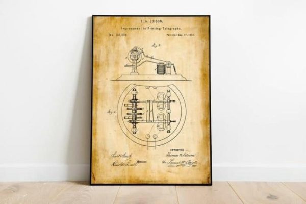 Vintage Wall Art | Telegraph Patent Print, Framed Art Print, 24×32 inches Vintage Wall Art Vintage Wall Art