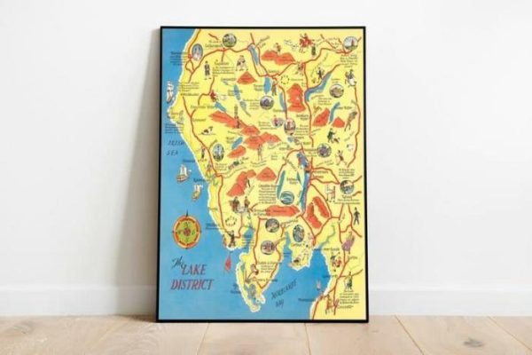 Vintage Wall Art | The Lake District Map Of England, Lake District Map Wall Art Print, 20×22 inches Vintage Wall Art Vintage Wall Art