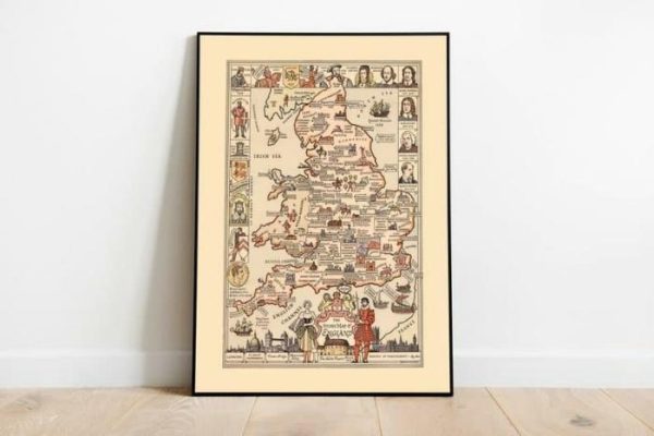 Vintage Wall Art | The Story Map Of England 1936, England Old Map Wall Print, 28×36 inches Vintage Wall Art Vintage Wall Art