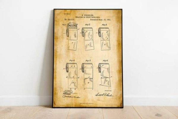 Vintage Wall Art | Toilet Paper Patent Print, Framed Art Print, 12×16 inches Vintage Wall Art Vintage Wall Art