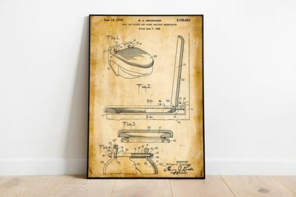 Vintage Wall Art | Toilet Seat Patent Print, Framed Art Print, 12×16 inches Vintage Wall Art Vintage Wall Art