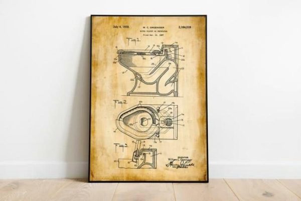 Vintage Wall Art | Toilet Seat Patent Print, Framed Art Print, 24×32 inches Vintage Wall Art Vintage Wall Art