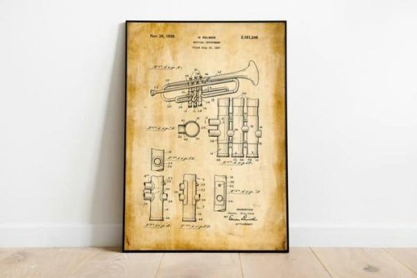 Vintage Wall Art | Trumpet Patent Print, Framed Art Print, 12×16 inches Vintage Wall Art Vintage Wall Art