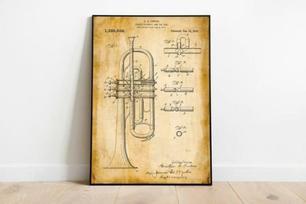 Vintage Wall Art | Trumpet Patent Print, Framed Art Print, 16×22 inches Vintage Wall Art Vintage Wall Art