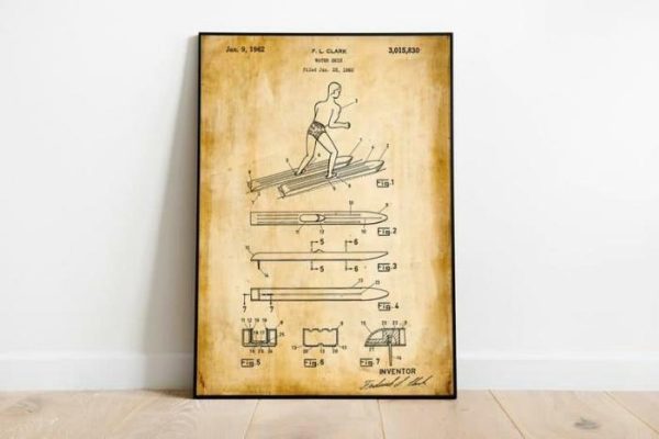 Vintage Wall Art | Water Ski Patent Print, Framed Art Print, 12×16 inches Vintage Wall Art Vintage Wall Art