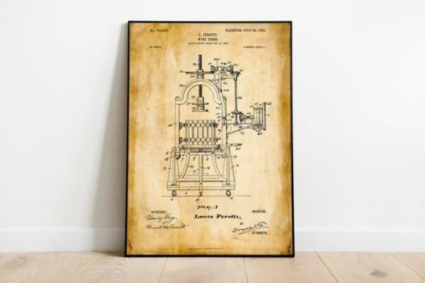 Vintage Wall Art | Wine Press Patent Print, Framed Art Print, 24×32 inches Vintage Wall Art Vintage Wall Art