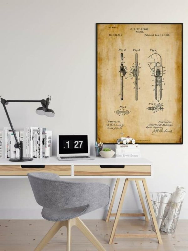 Vintage Wall Art | Wrench Patent Print, Framed Art Print, 24×32 inches Vintage Wall Art Vintage Wall Art