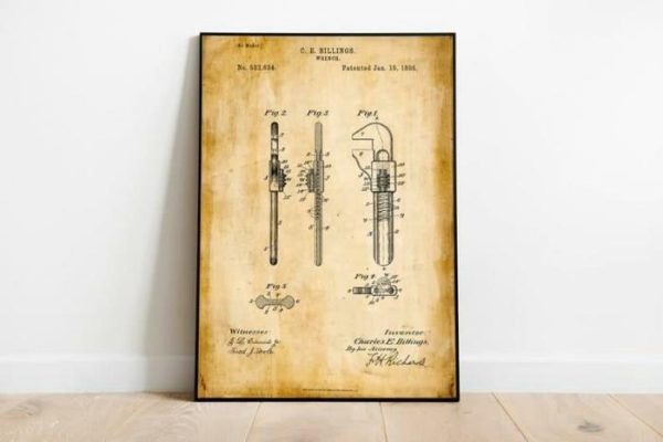 Vintage Wall Art | Wrench Patent Print, Framed Art Print, 24×32 inches Vintage Wall Art Vintage Wall Art