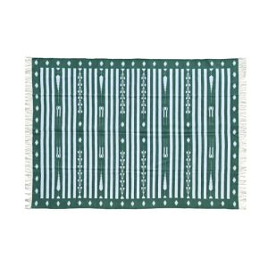 Cotton Rugs | Handwoven Green And White Traditional Cotton Rug With Fringes, 3′ x 5′ Cotton Rugs Cotton Rugs