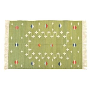 Cotton Rugs | Handwoven Light Green Patterned Cotton Rug With Fringes, 3′ x 5′ Cotton Rugs Cotton Rugs