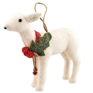 Accent Decor | Creative Co-Op White Felt Deer Holly & Jingle Bells Textile Ornaments Accent Decor Accent Decor