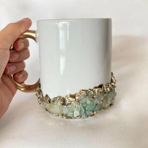 Drinkware | Aqua Agate Accented White Mug With Gold Handle – Set Of 2 Drinkware Drinkware