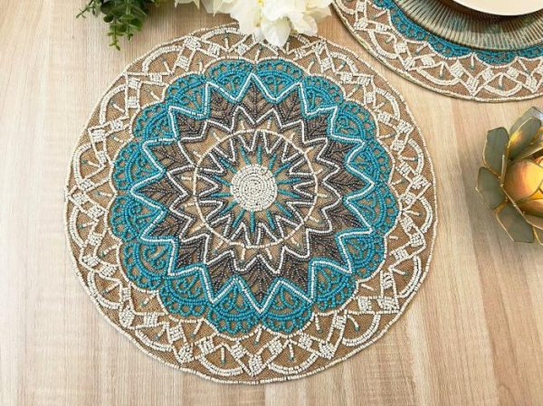 Table Linens | Blue Bohemian Round Beaded Placemats – Set Of 6 Kitchen Table Linens