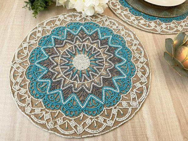 Table Linens | Blue Bohemian Round Beaded Placemats – Set Of 6 Kitchen Table Linens