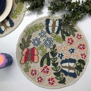 Table Linens | Butterfly And Flower Round Beaded Burlap Placemat