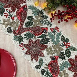 Table Linens | Christmas Birds And Flowers Beaded Table Runner