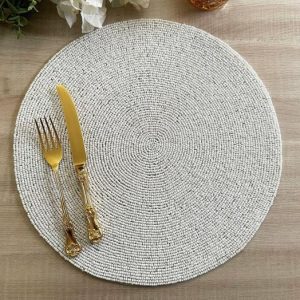 Table Linens | Classic White Round Beaded Placemat – Set Of 6 Kitchen Table Linens