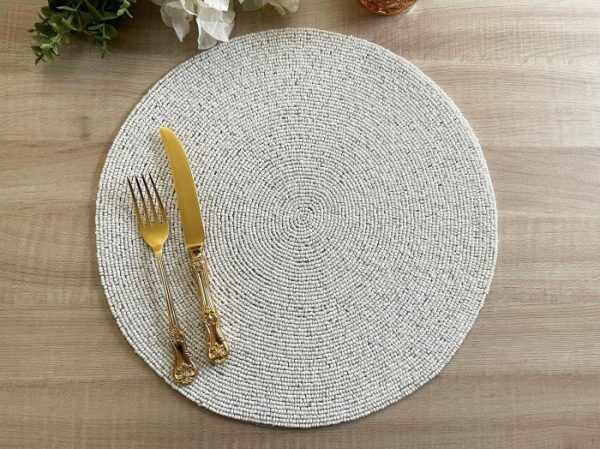 Table Linens | Classic White Round Beaded Placemat – Set Of 6 Kitchen Table Linens