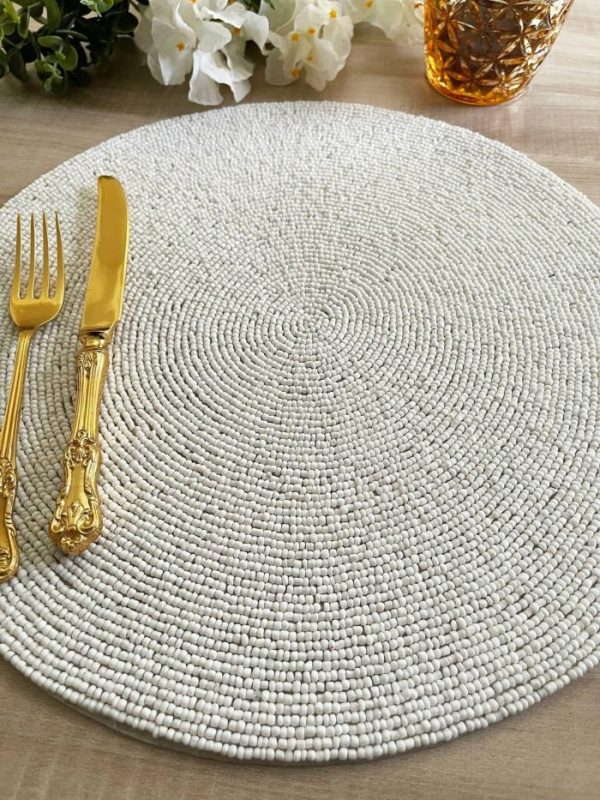 Table Linens | Classic White Round Beaded Placemat – Set Of 6 Kitchen Table Linens