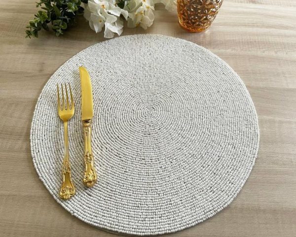 Table Linens | Classic White Round Beaded Placemat – Set Of 6 Kitchen Table Linens