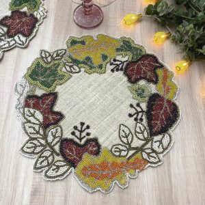 Table Linens | Fall Maple Leaves Beads On Burlap Round Placemat