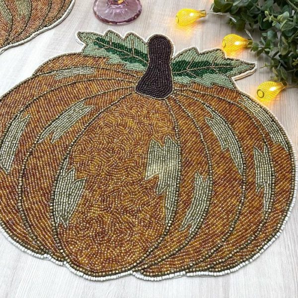 Table Linens | Orange Pumpkin Harvest Beaded Placemat – Set Of 2 Kitchen Table Linens