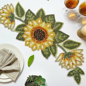 Table Linens | Sunflower And Leaves Beaded Table Runner Kitchen Table Linens